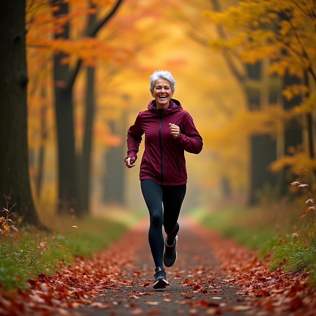 Runner on a leaf-covered trail in autumn with warm amber and orange foliage surrounding the path