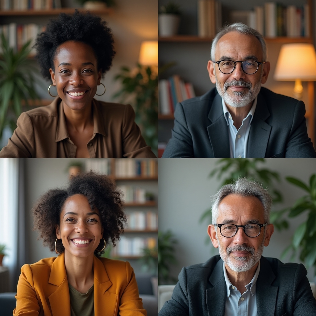 Diverse group of adults in their 40s and 50s engaged in an online wellness webinar, viewing screens with attentive expressions