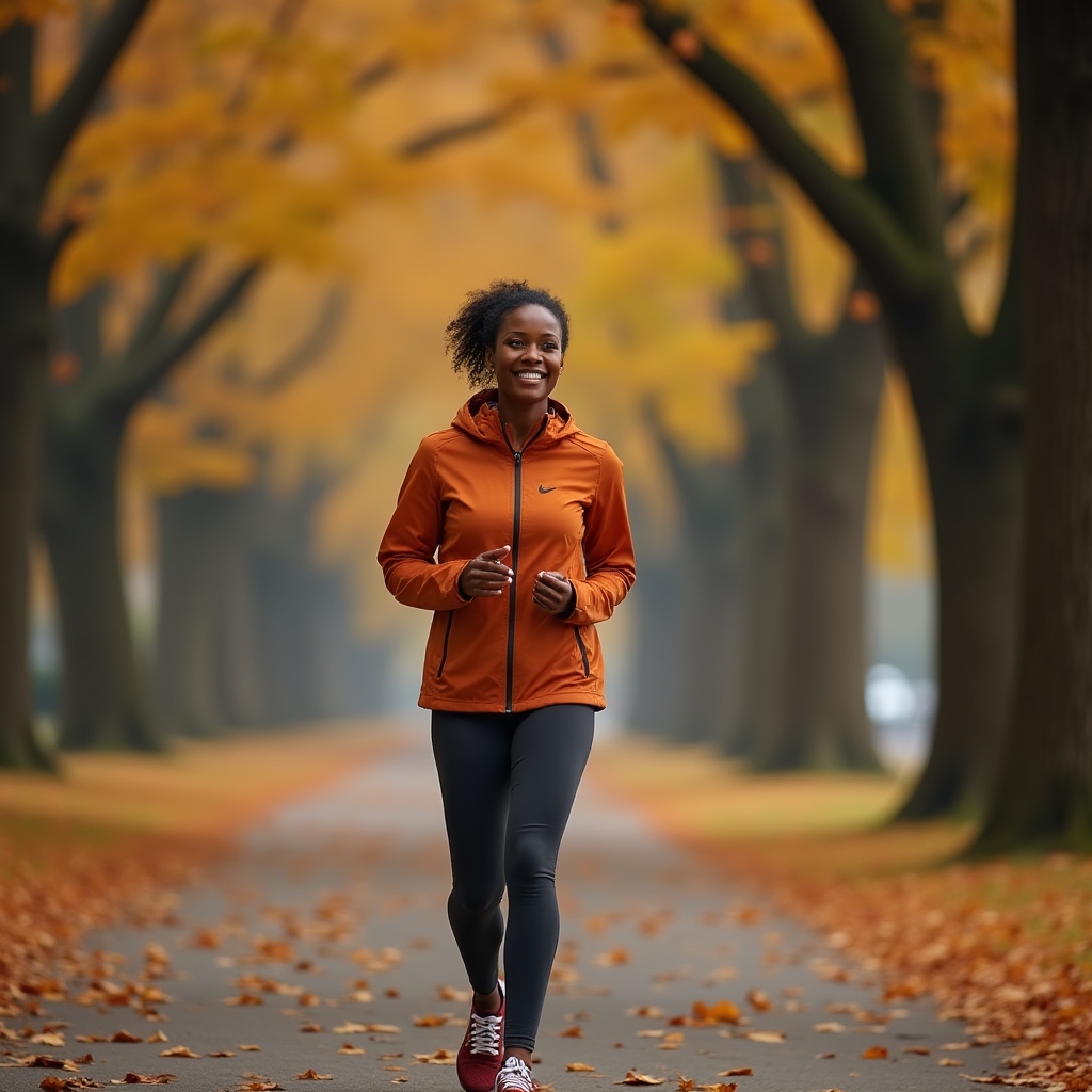 Person walking outdoors in autumn light with trees showing fall colors