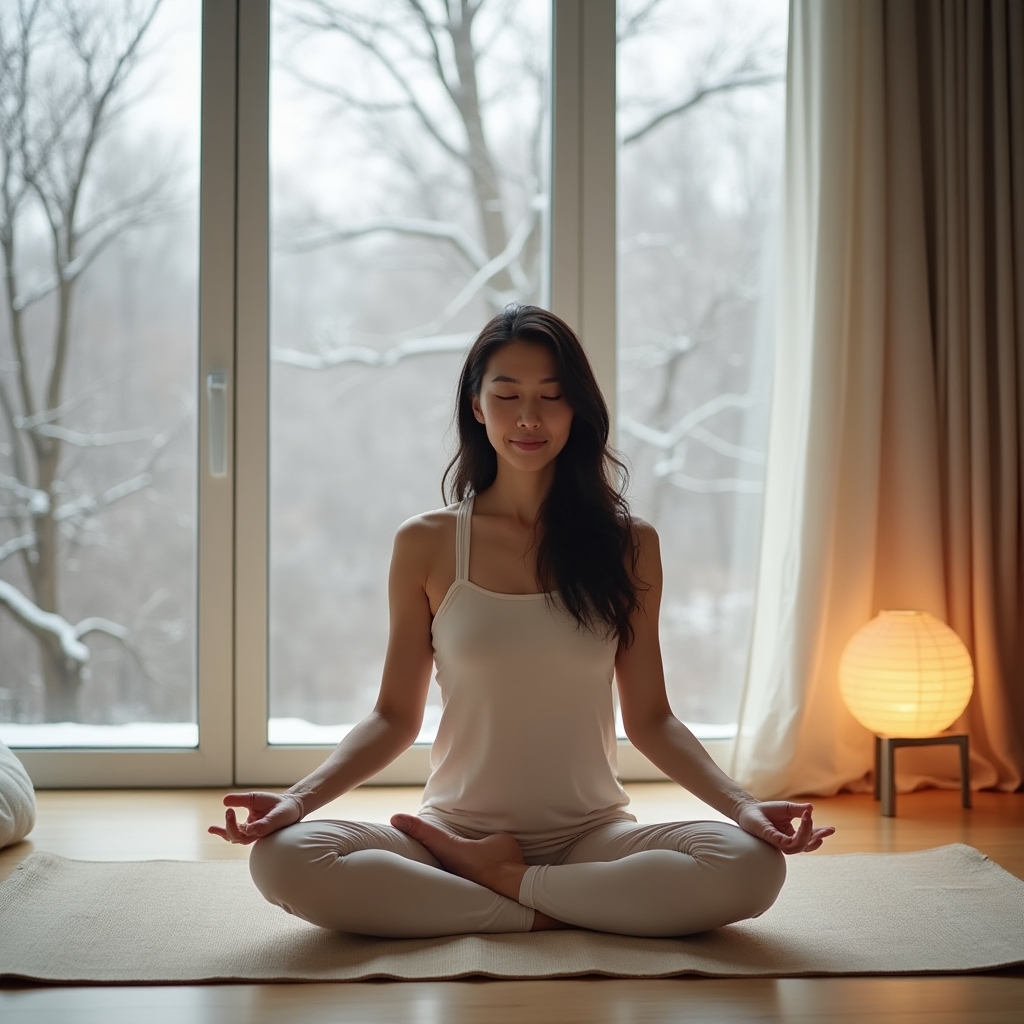 Person doing yoga indoors during winter with soft natural light through frost-covered windows creating a calm atmosphere